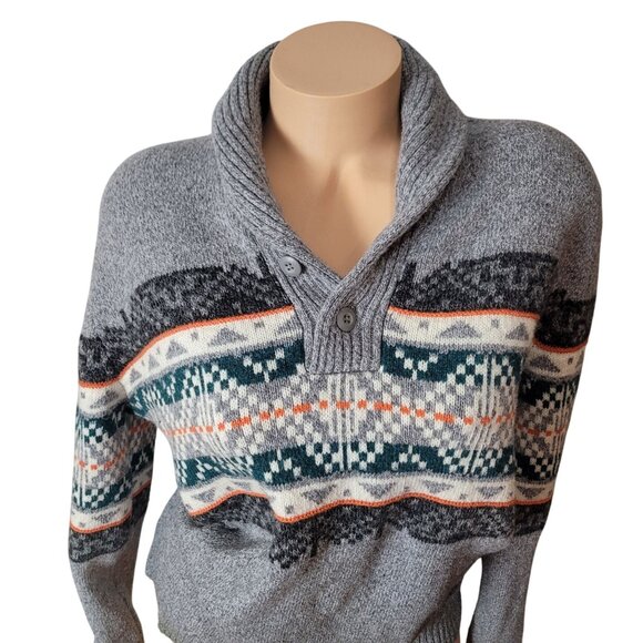 American Eagle Mens Gray Fair Isle Shawl Collar Sweater L Cotton/Wool Blend EUC - Picture 11 of 14
